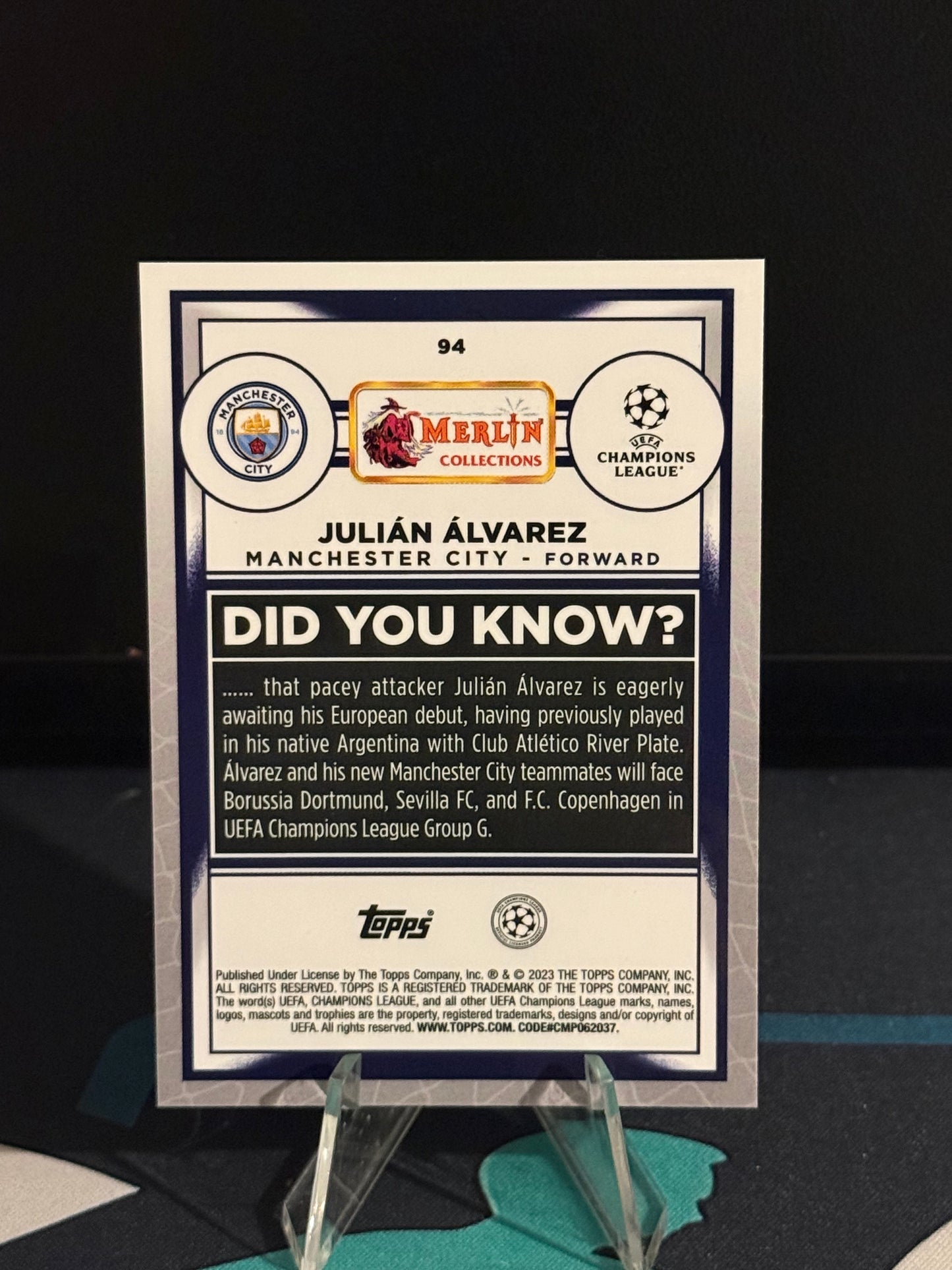 2022/2023 Topps Merlin UCC Julian Alvarez RC Aqua Parallel
