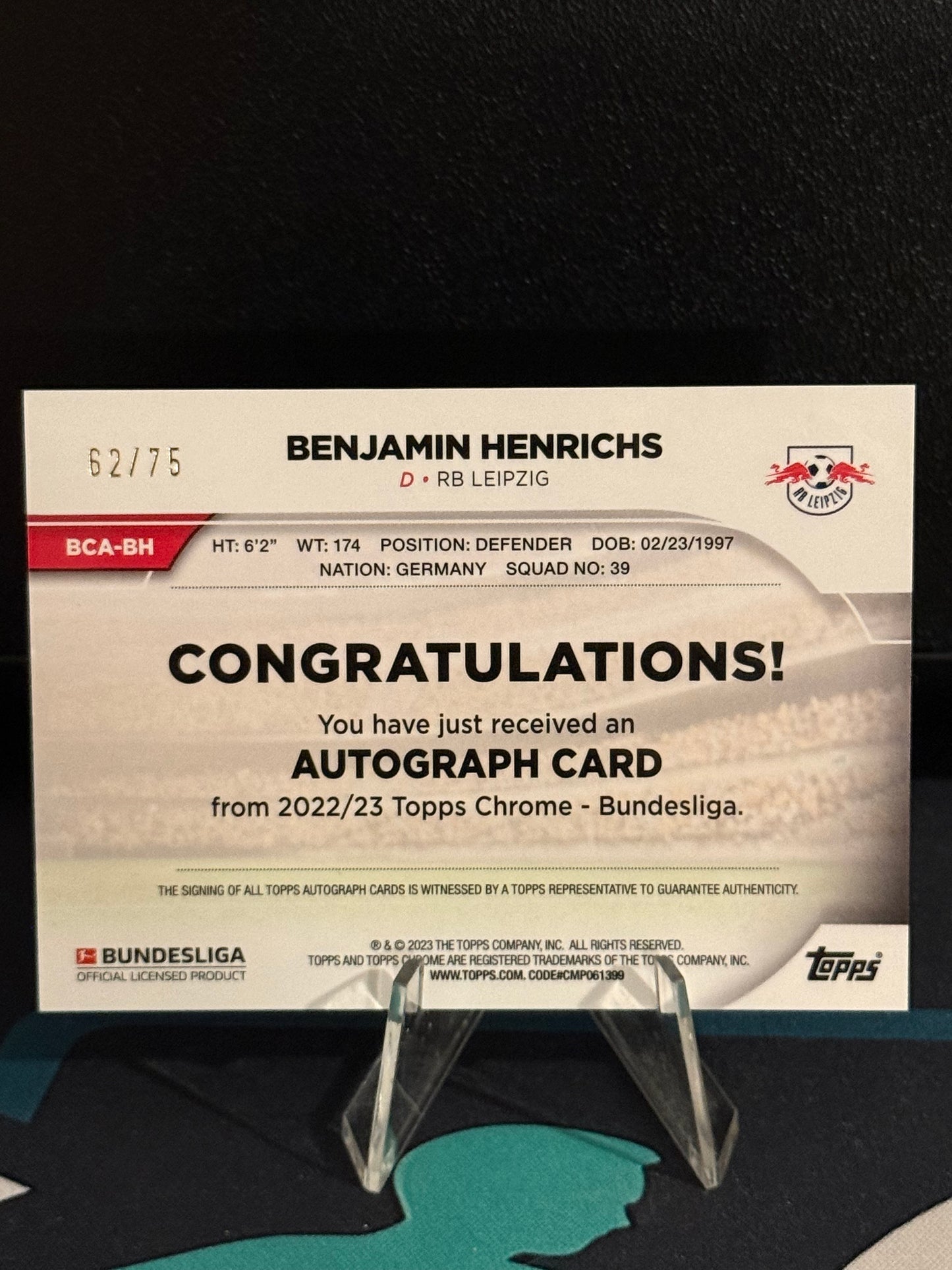 2022/2023 Topps Chrome Bundesliga Benjamin Henrichs Autograph Pink Parallel /75