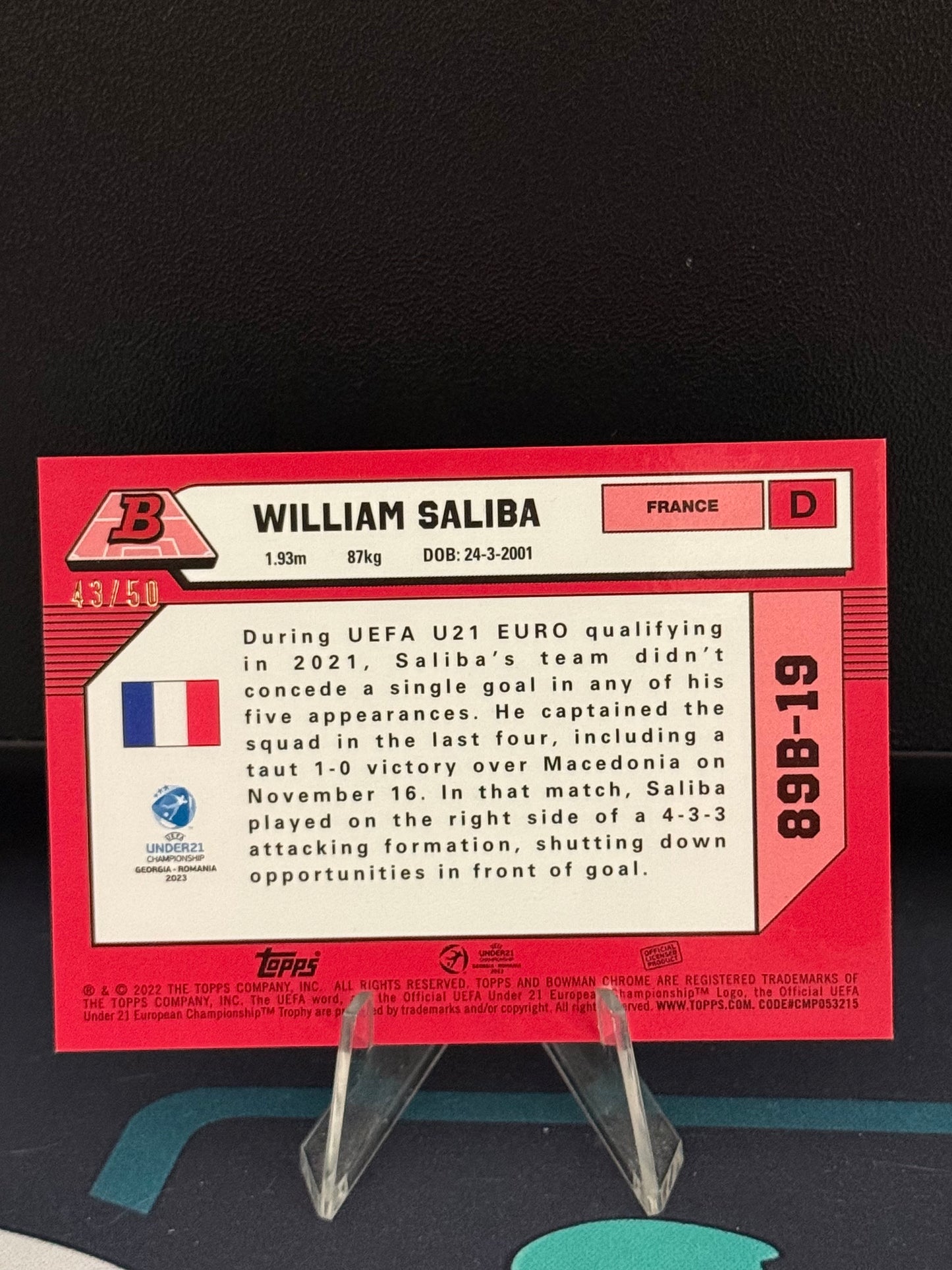 2022-2023 Topps Bowman Chrome U21 William Saliba 1989 Bowman RC Gold Parallel /50