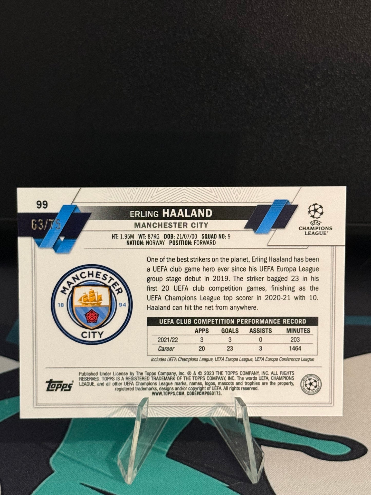 2022/2023 Topps Chrome UCC Erling Haaland Blue/Gold Seismic Parallel /75