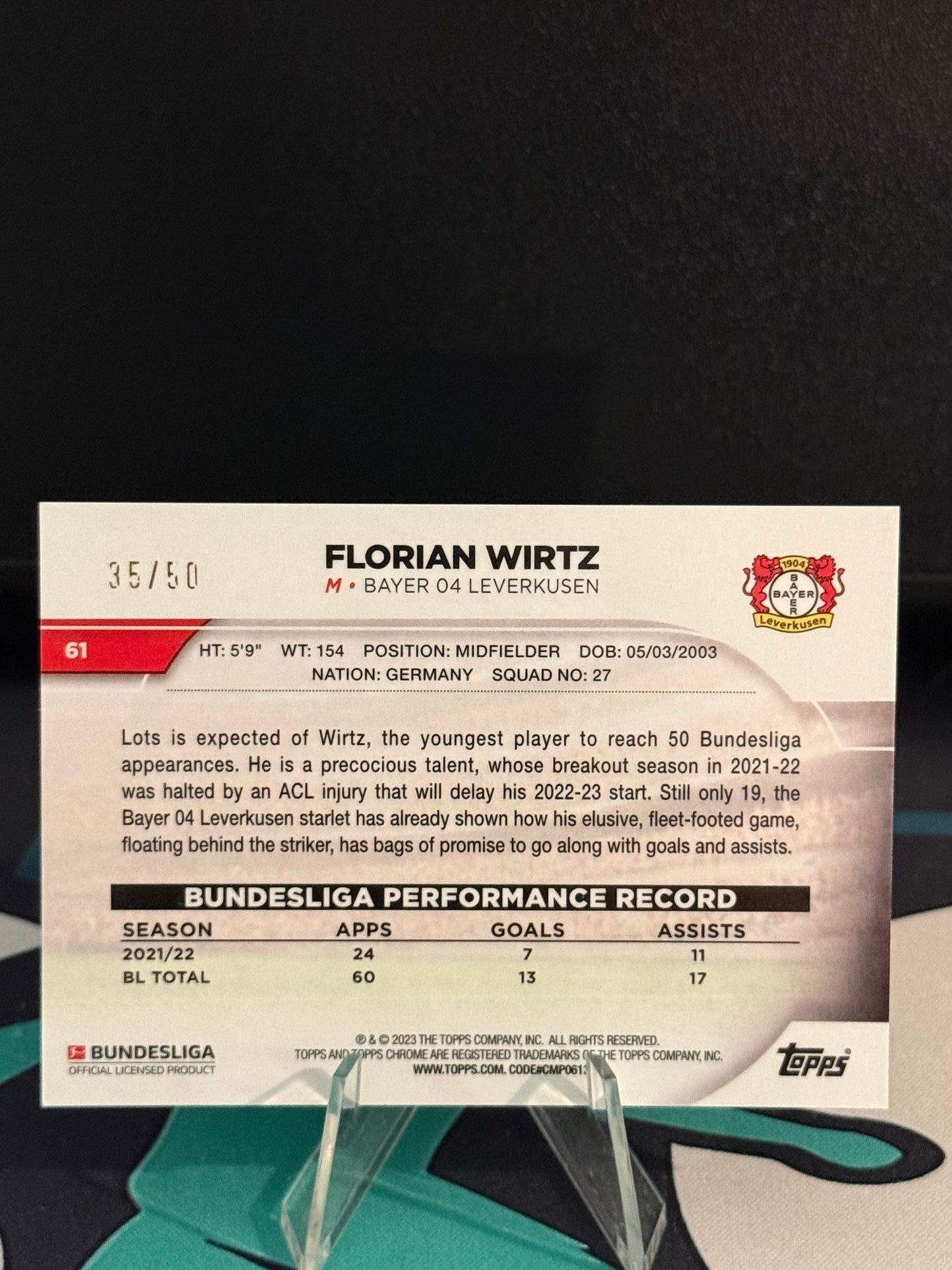 2022/2023 Topps Chrome Bundesliga Florian Wirtz Gold Parallel /50