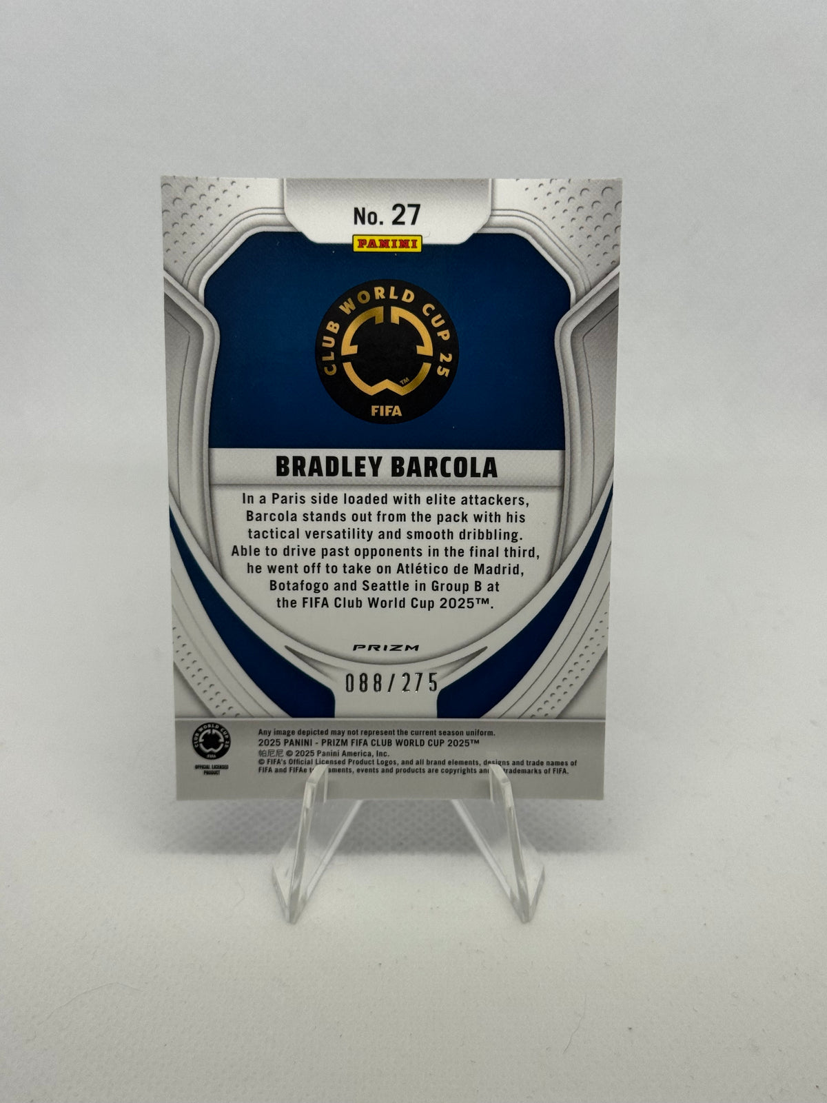 2025 Panini Prizm Club World Cup Bradley Barcola Blue Pulsar Parallel /275