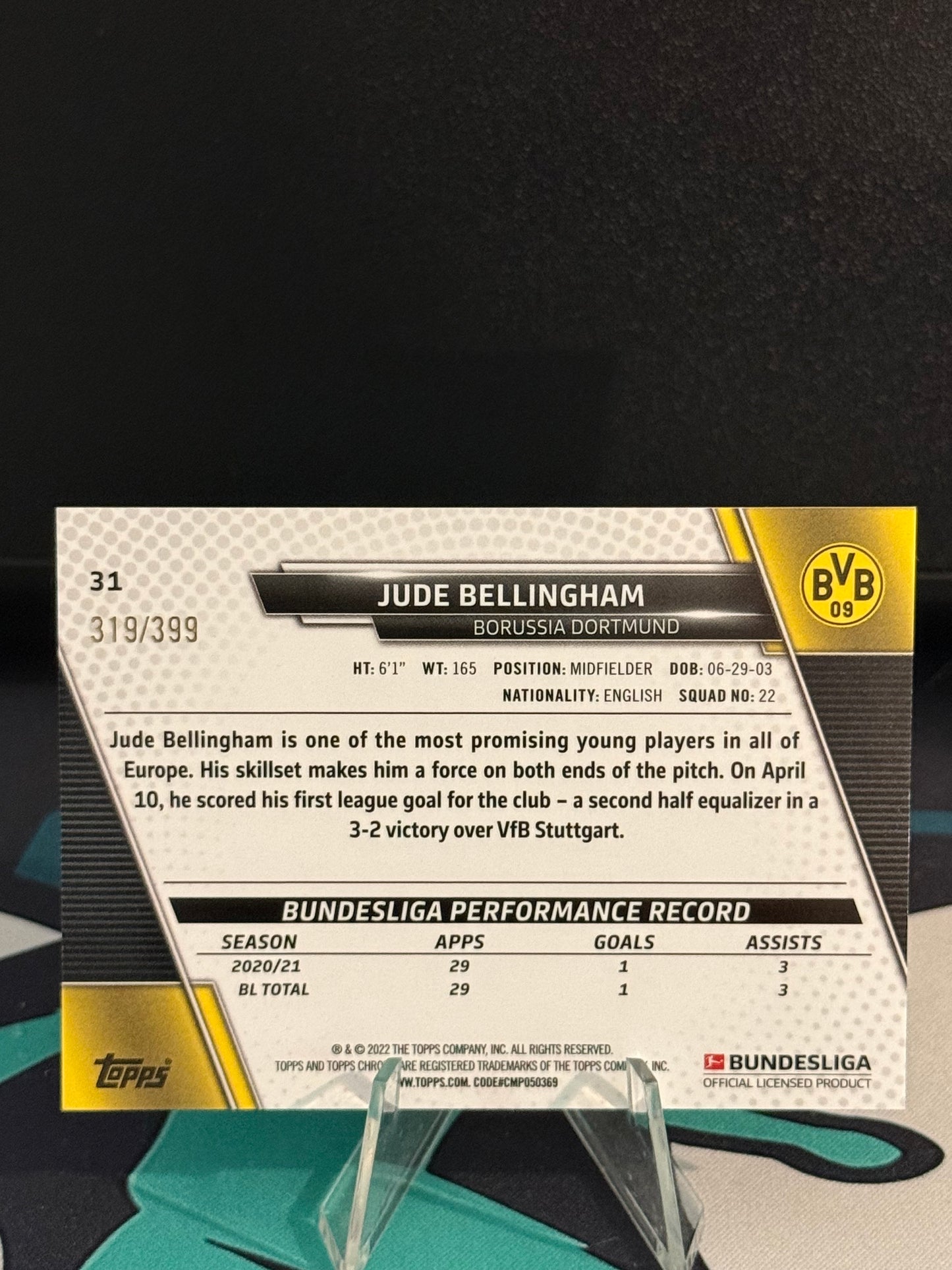2021/2022 Topps Chrome Bundesliga Jude Bellingham Magenta Wave Parallel /399
