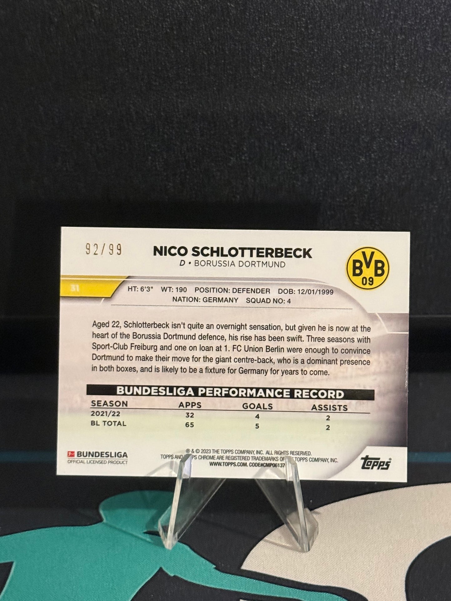 2022/2023 Topps Chrome Bundesliga Nico Schlotterbeck Green Parallel /99
