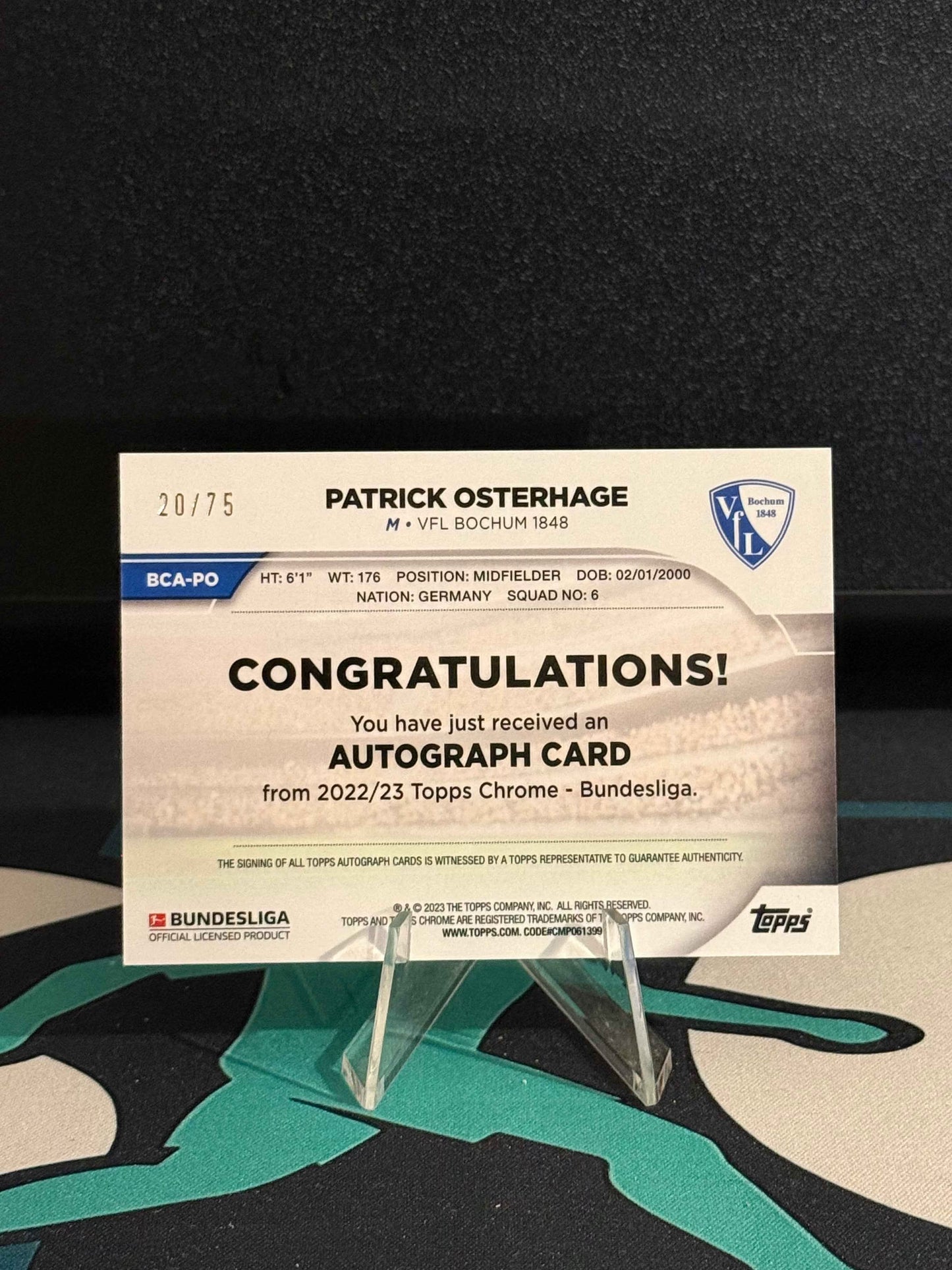 2022/2023 Topps Chrome Bundesliga Patrick Osterhage RC Autograph Pink Parallel /75
