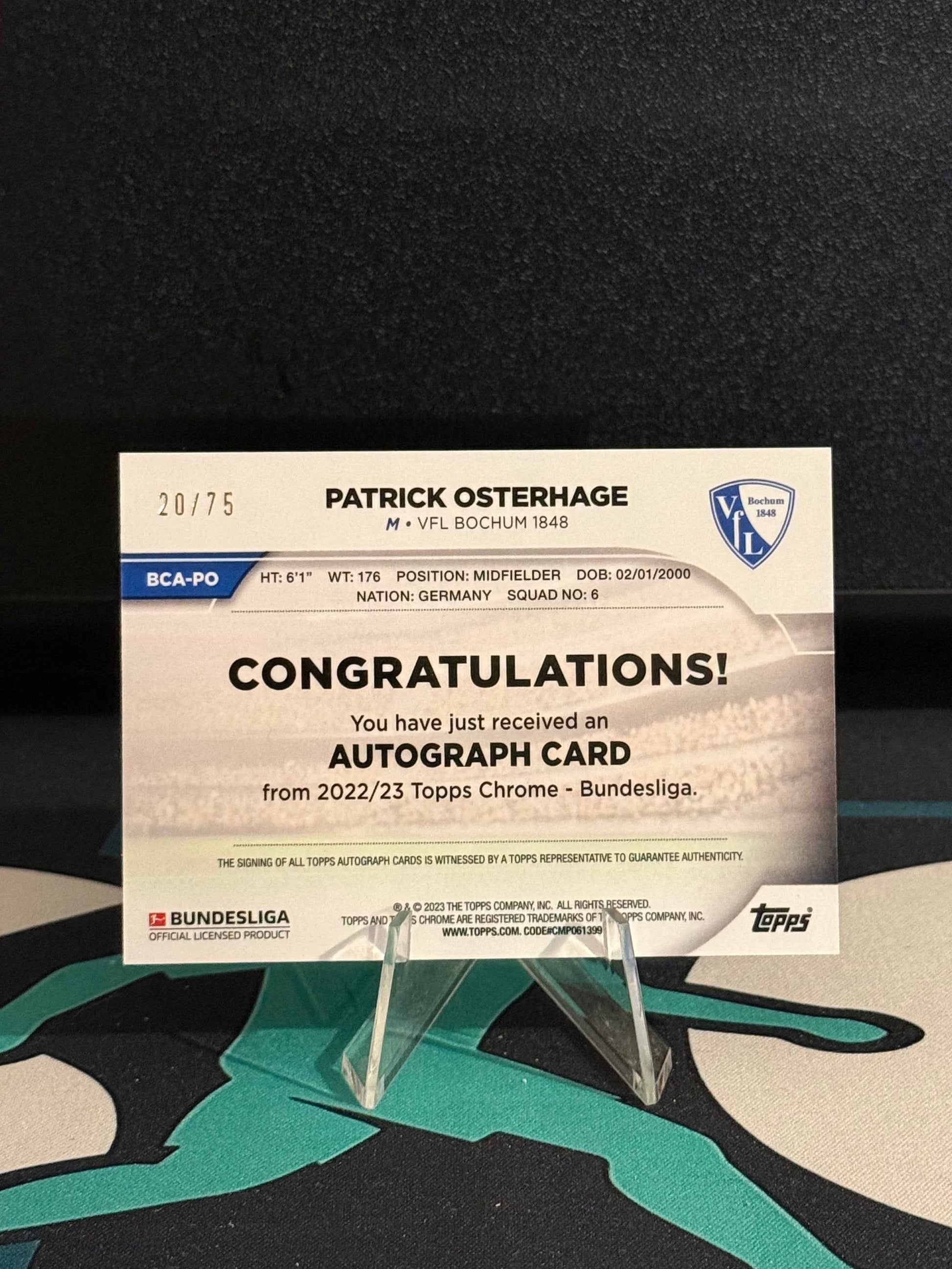 2022/2023 Topps Chrome Bundesliga Patrick Osterhage RC Autograph Pink Parallel /75