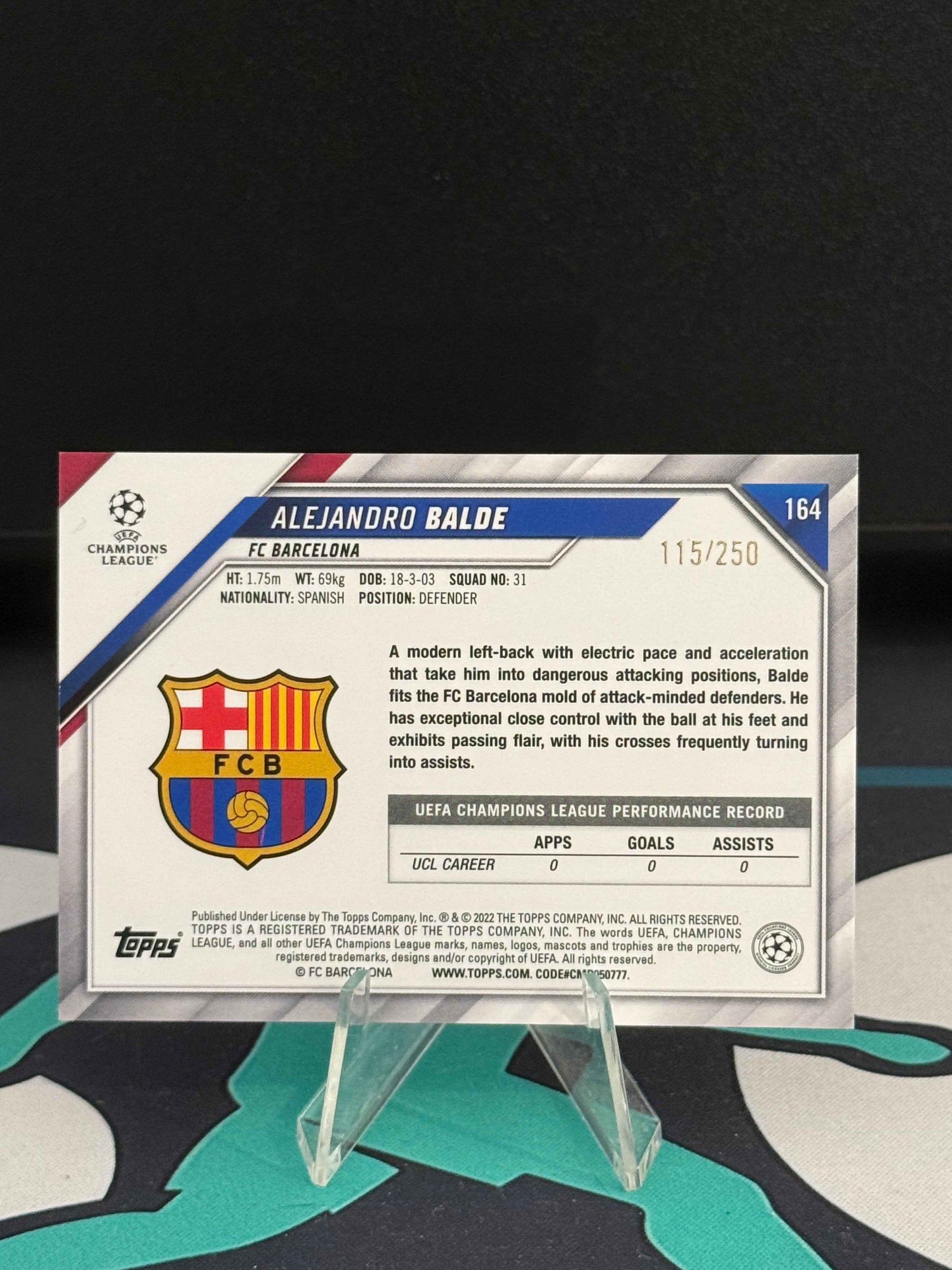 2021/2022 Topps Flagship UCL Alejandro Balde RC Yellow Parallel /250