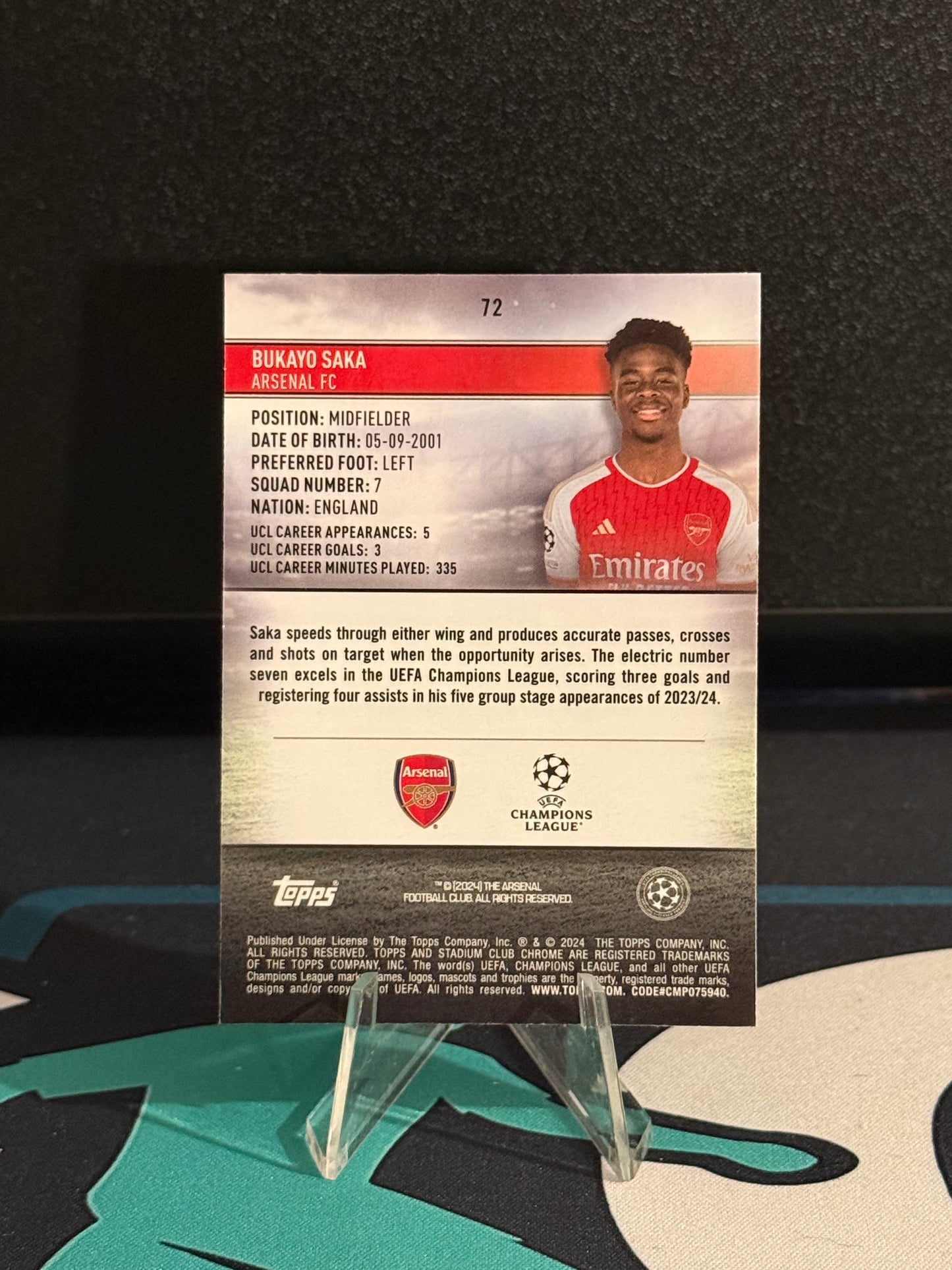 2023/2024 Topps Stadium Club Chrome UCL Bukayo Saka Black & White Parallel /299