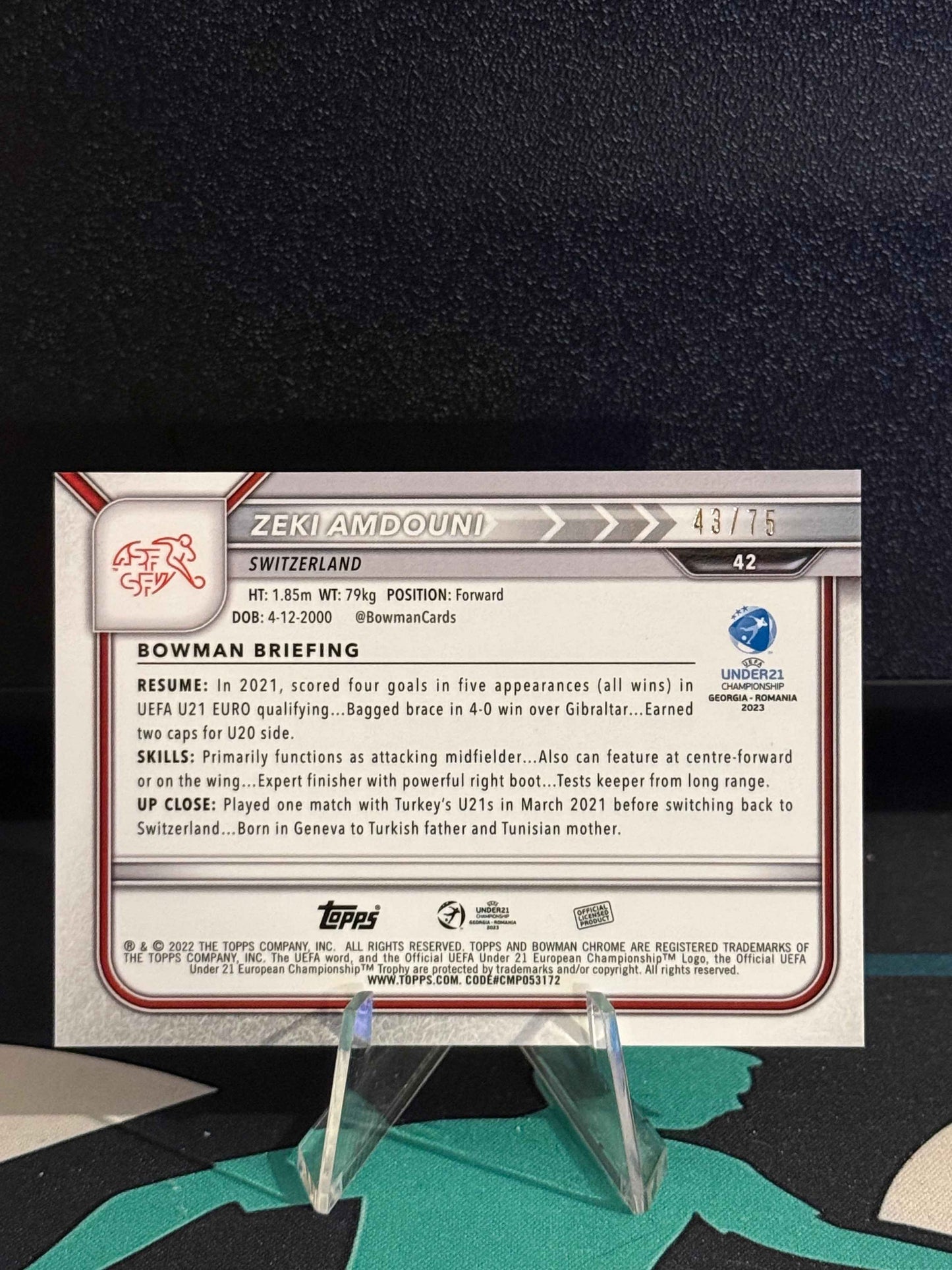 2022-2023 Topps Bowman Chrome U21 Zeki Amdouni RC Orange Parallel /75
